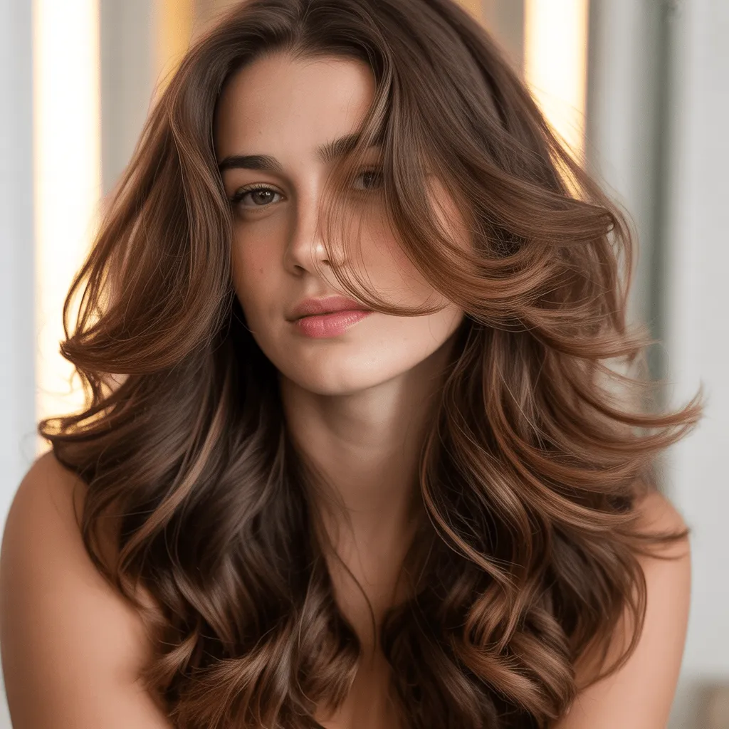 Sabrina Carpenter-inspired brunette soft waves in a rich, warm chocolate-brown shade. The waves add depth and volume to the hair for a luxurious and elegant look.