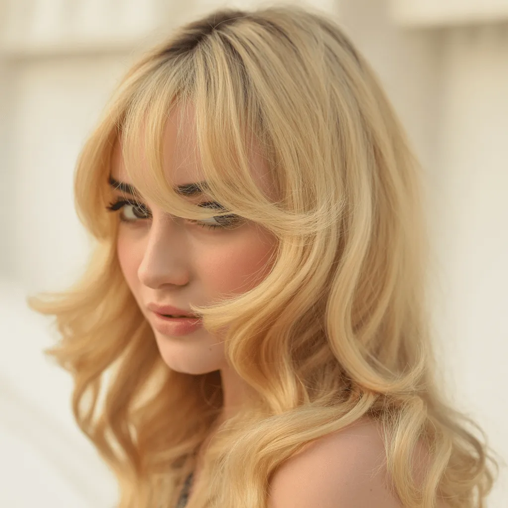 A close-up of a woman with long layers and curtain bangs, inspired by Sabrina Carpenter’s iconic hairstyle. Soft waves and shine add volume and texture to the hair.