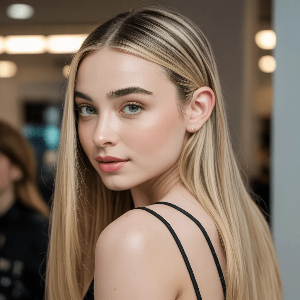 A sleek and straight blonde hairstyle inspired by Sabrina Carpenter. This clean and polished look enhances facial features with a shiny, healthy finish.