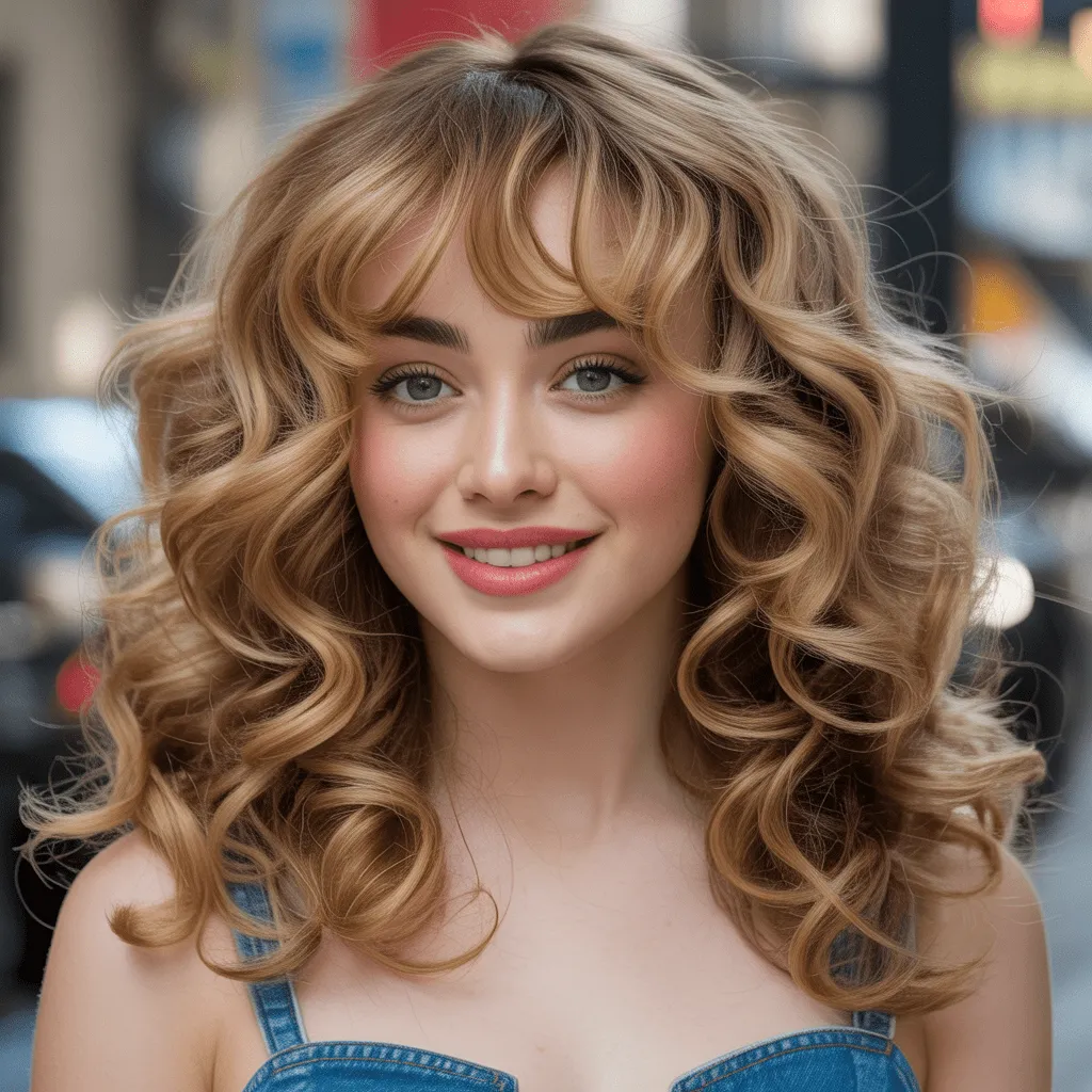 A woman with voluminous, bouncy curls and face-framing bangs, inspired by Sabrina Carpenter’s glamorous and playful hairstyle. The volume adds a fun, youthful vibe.