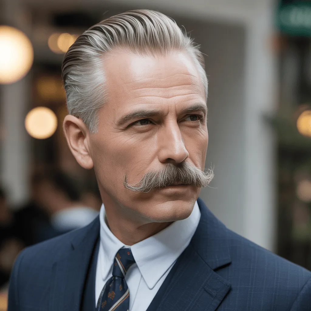 A distinguished older man with a classic comb-over haircut and well-groomed mustache, presenting a polished and dapper look.