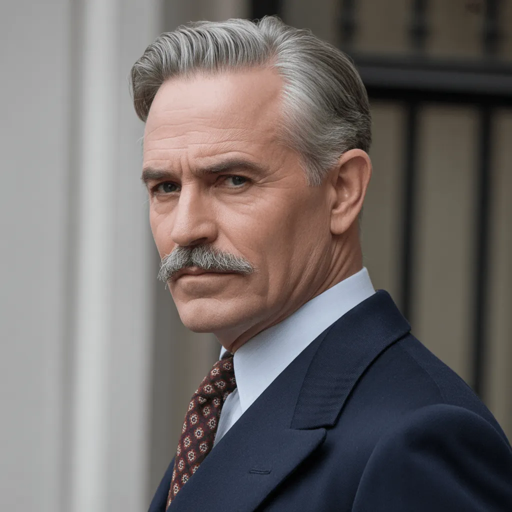 An older man sporting a well-executed comb-over hairstyle, paired with a neatly trimmed mustache, exuding sophistication and class.