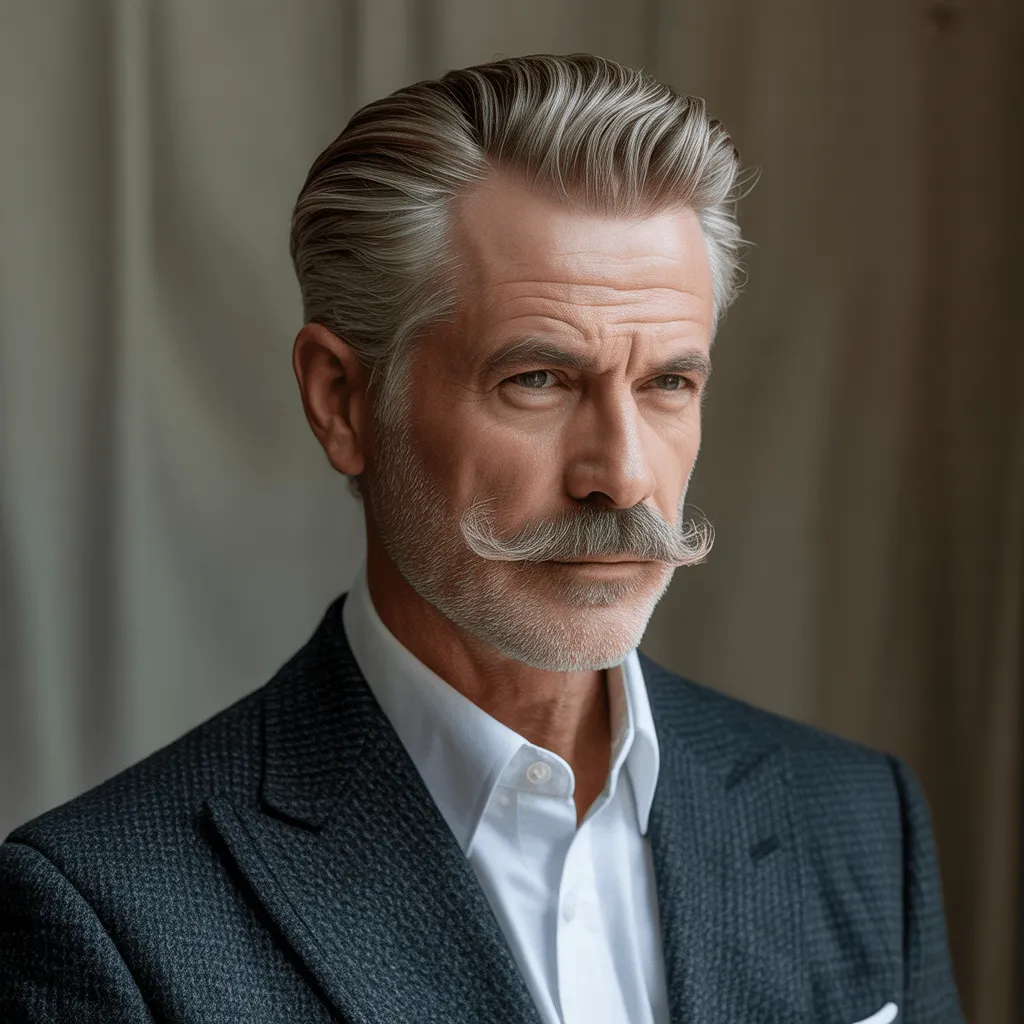 An older man with a stylish comb-over haircut, complemented by a tidy mustache, offering a refined and timeless appearance.