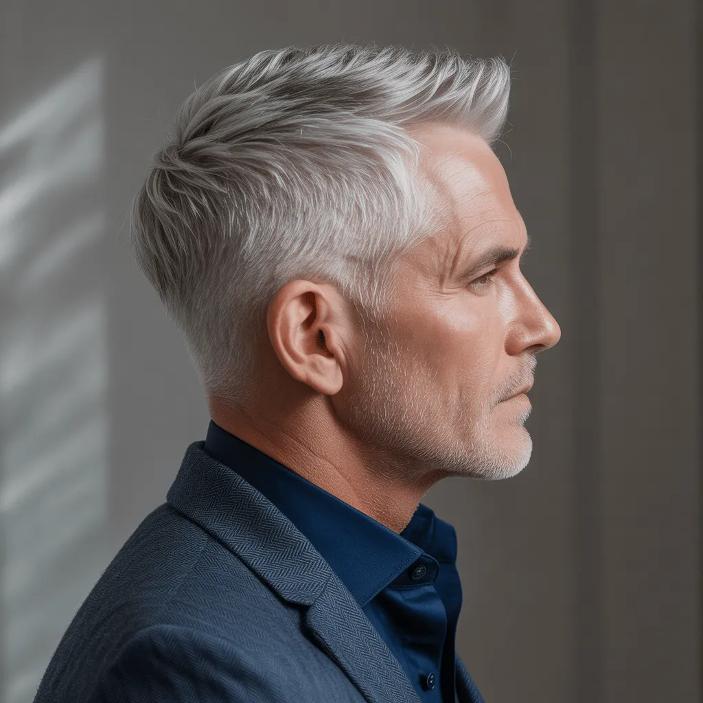 A mature man with a tapered haircut, showcasing a clean and refined look perfect for older men.