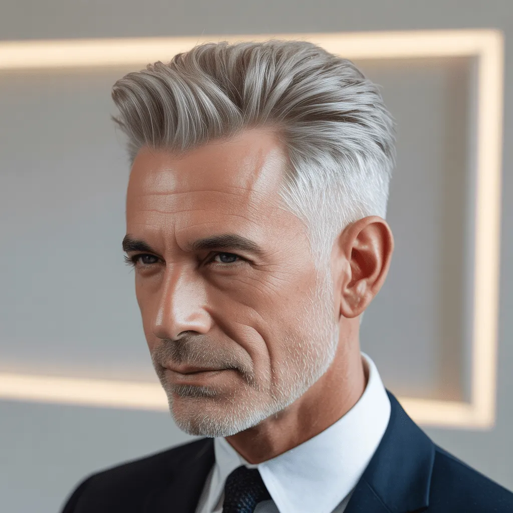 A modern fade haircut on an older man with a polished look, showcasing a clean, professional appearance.