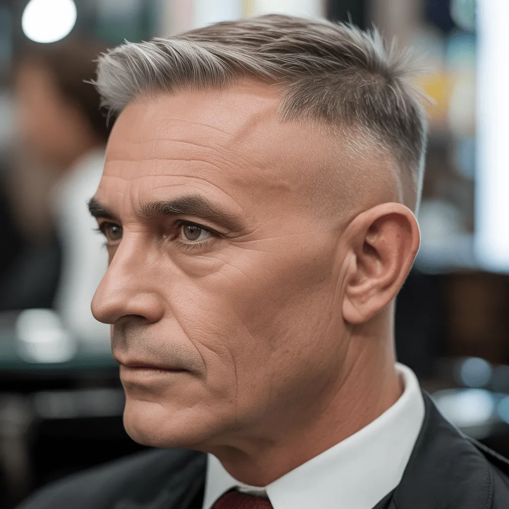 An older man with a clean buzz cut, displaying a confident and comfortable demeanor.