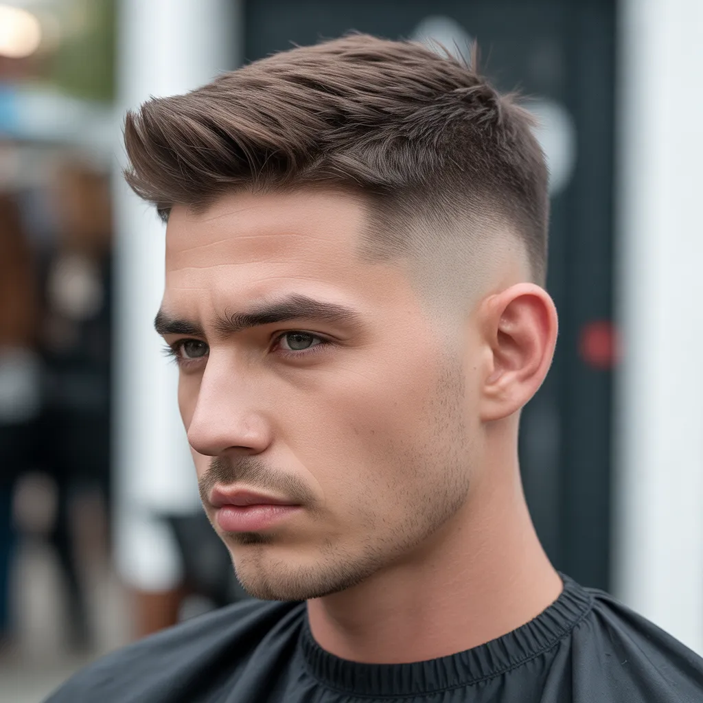 "Angular haircut for men with oval faces, featuring short sides, longer top, and front hair cut at a sharp angle for a clean, modern, and structured look"