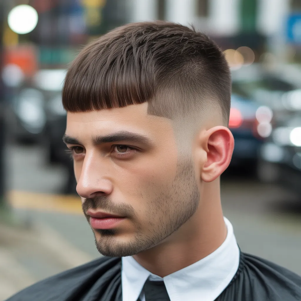 "Caesar haircut for men with oval faces, featuring short uniform length all around and a straight horizontal fringe, neat and modern finish"