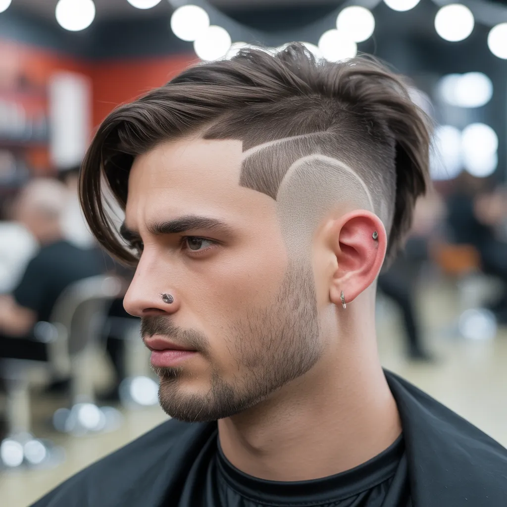 Disconnected undercut haircut for men with oval faces, featuring long hair on top and very short or shaved sides with a sharp contrast, modern and bold style"