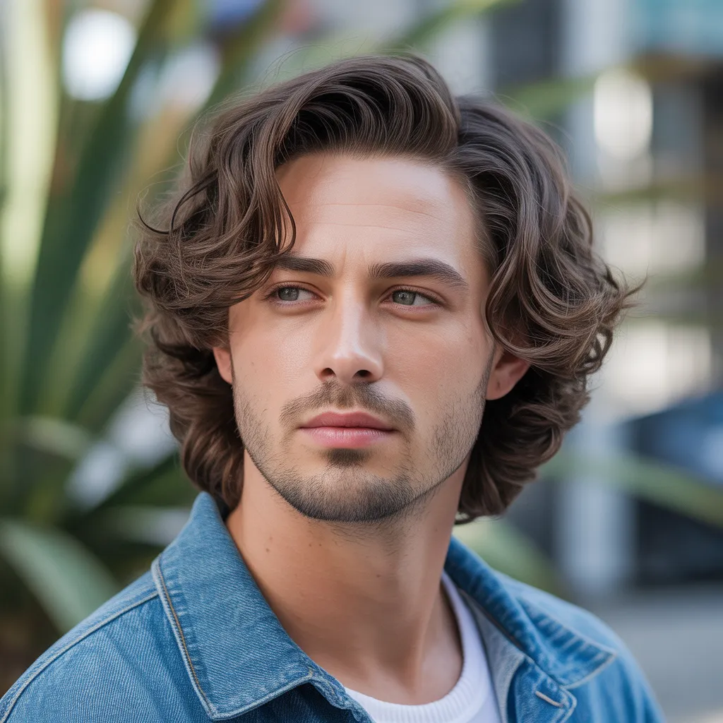 "Medium-length wavy hairstyle for men with oval faces, layered and textured with a relaxed beachy look"