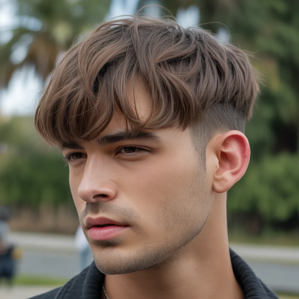 Messy fringe haircut with textured layers for men with oval face shape.