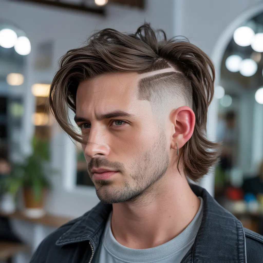 "Modern mullet haircut for men with oval faces, featuring faded sides, medium length on top, longer layered hair at the back, and a textured natural finish"