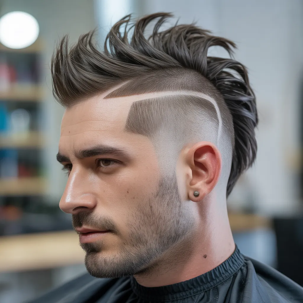 "Mohawk haircut for men with oval faces, featuring shaved or faded sides and a long central strip of hair, modern and bold style"