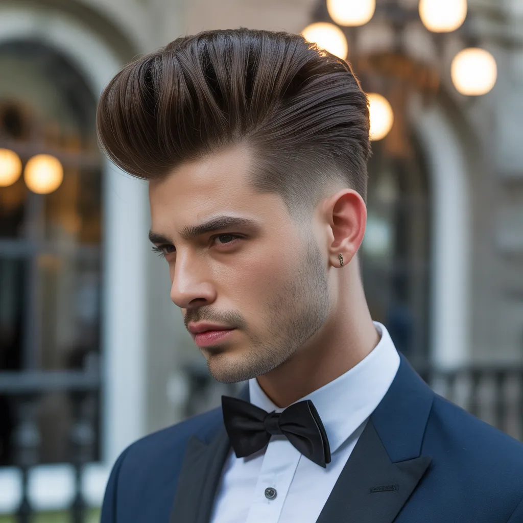 Pompadour double side haircut with voluminous hair on top and faded sides