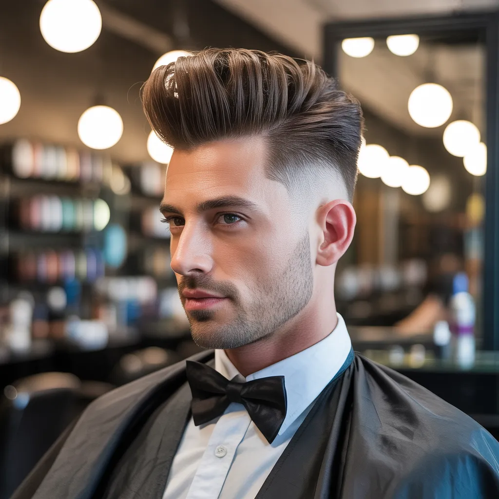 Pompadour fade hairstyle with voluminous top and faded sides for oval face men.