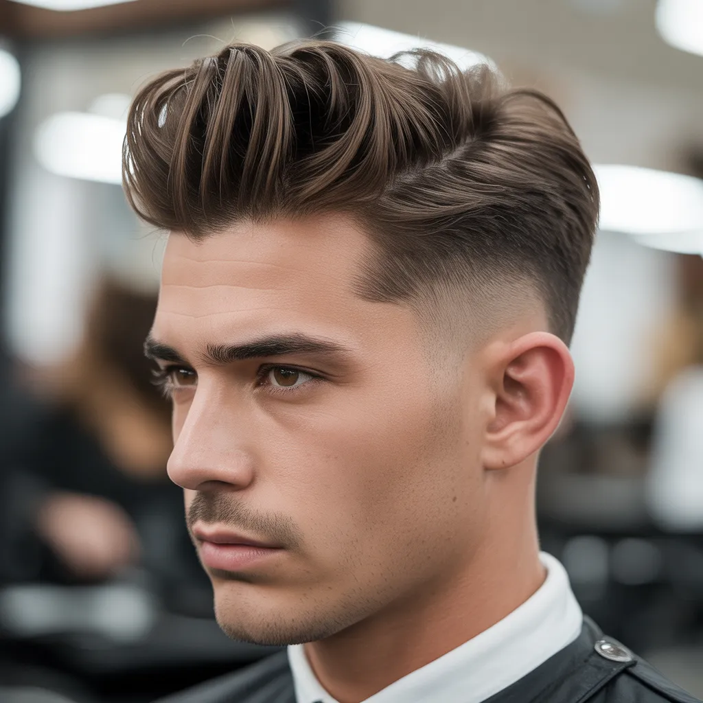 "Pompadour fade haircut for men with oval face, featuring voluminous top hair styled upward and backward, with short faded sides and back"