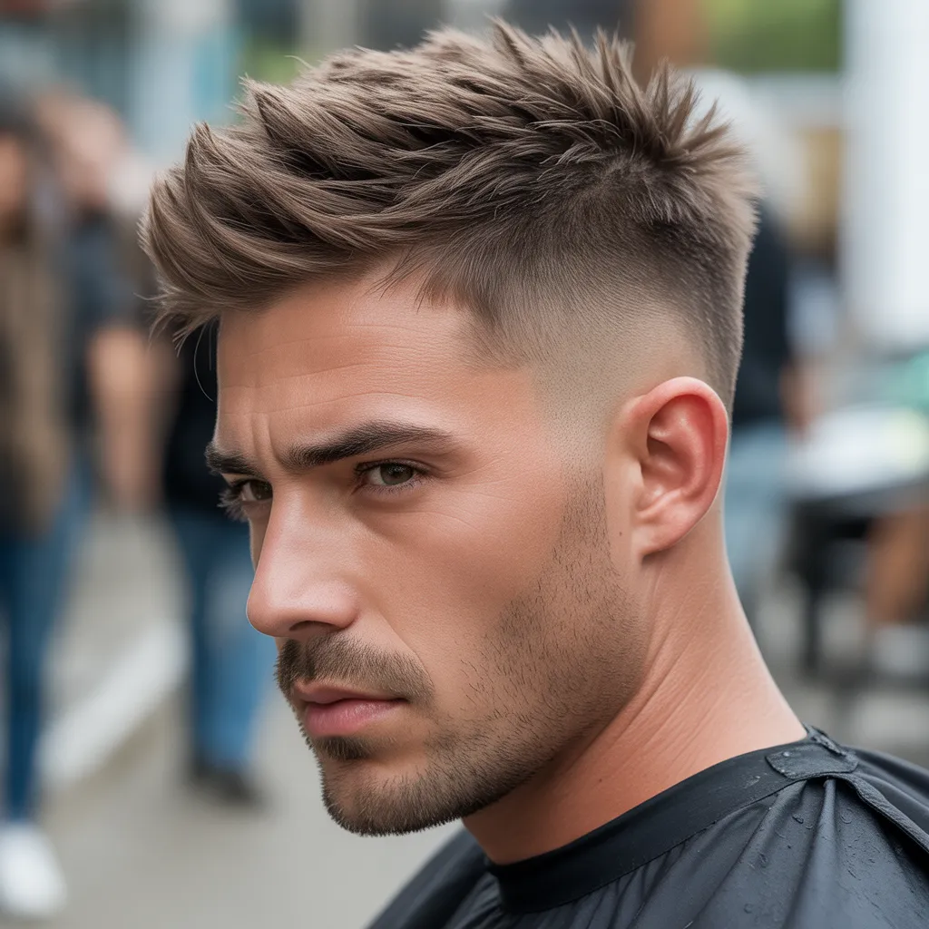 "Spiky haircut for men with oval faces, featuring short sides and slightly longer top styled into small upward spikes, bold and youthful style"