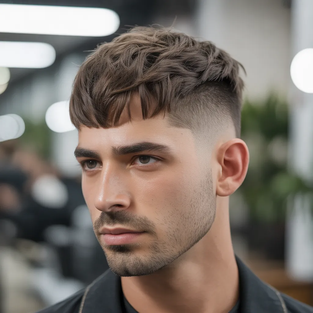 Textured crop haircut for men with oval face, featuring short faded sides, layered top, and slightly messy natural fringe