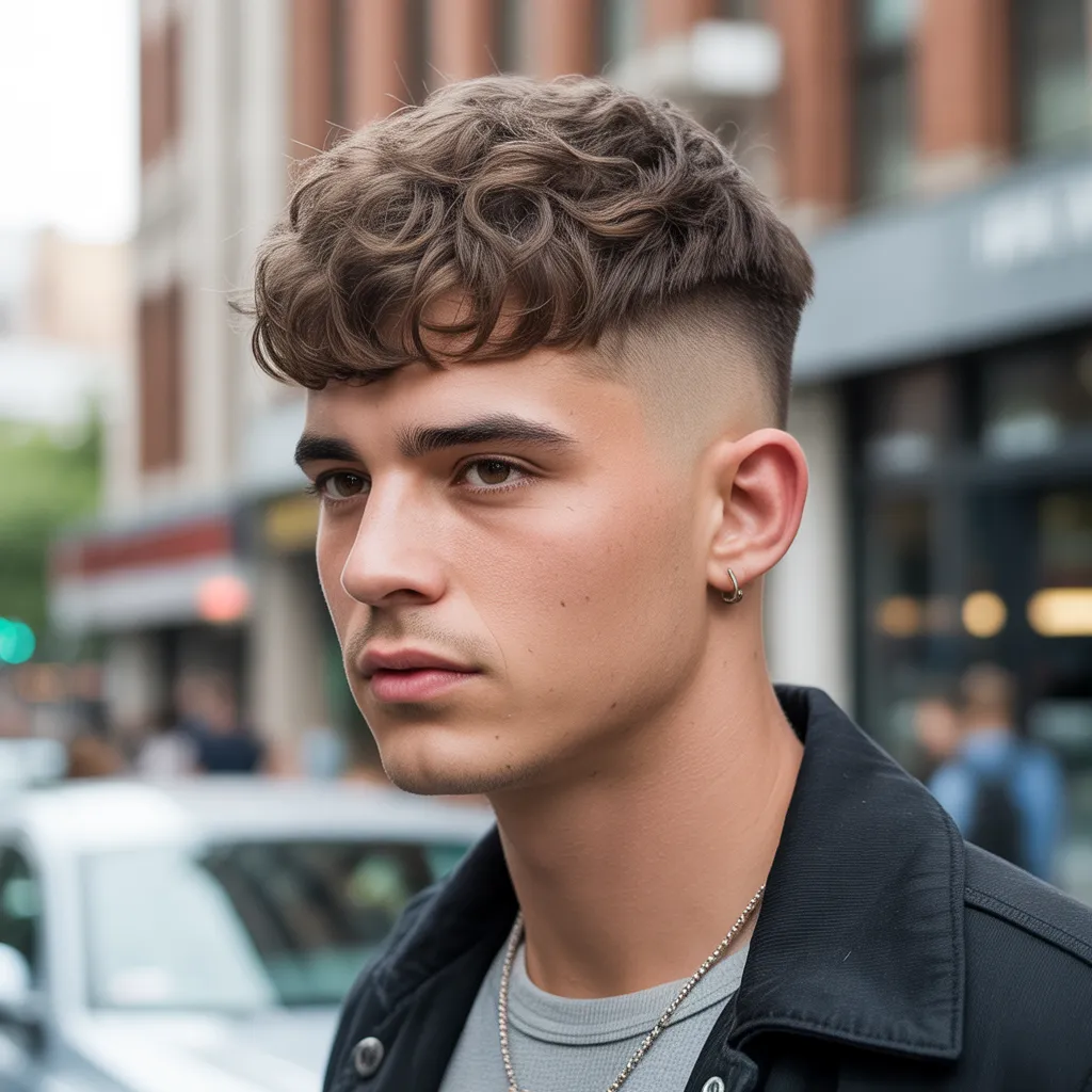 Textured crop haircut with faded sides for men with oval face shape.