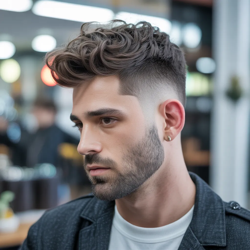 Textured double side haircut with faded sides and wavy hair on top