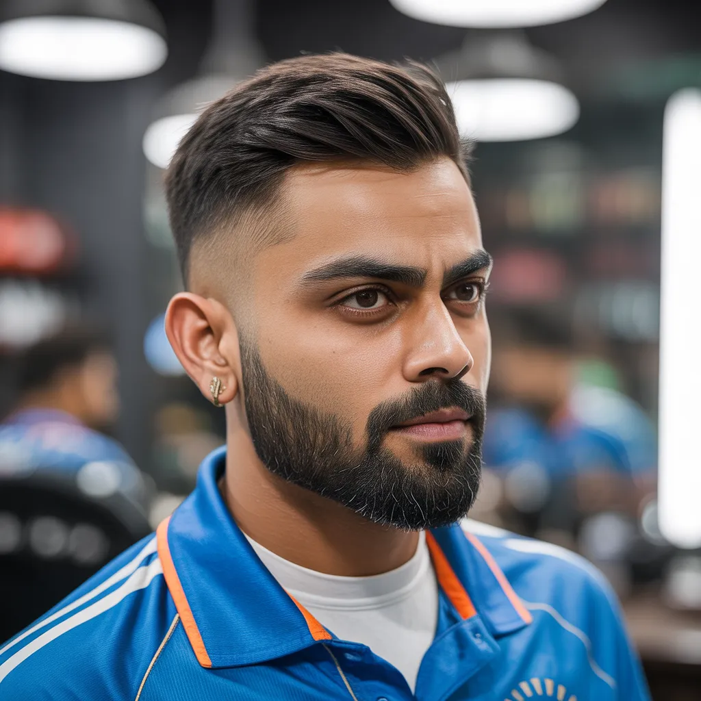 Virat Kohli inspired fade haircut with textured top and sharp beard style for men 2026