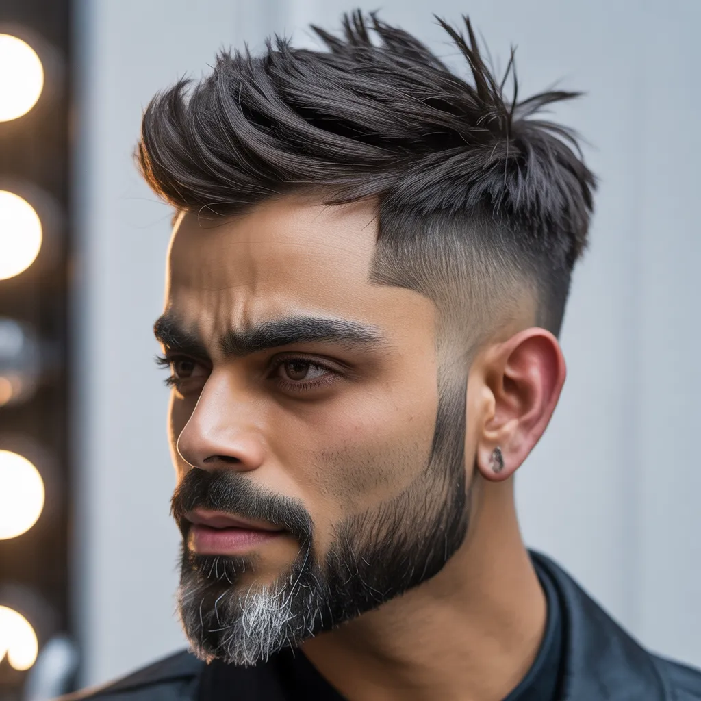 Virat Kohli textured quiff hairstyle with mid fade and beard style