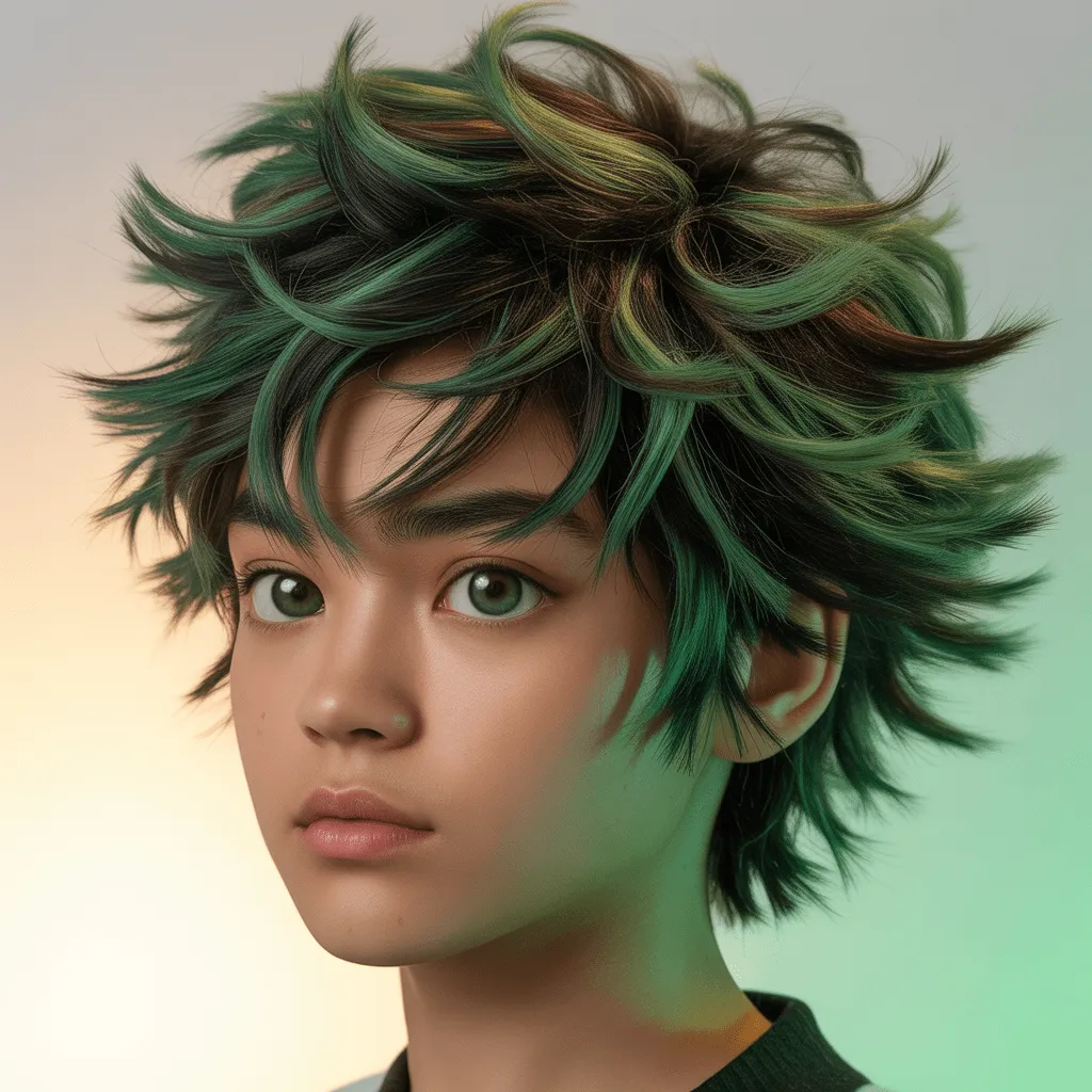 Best Deku Haircut Styles In 2025 1 A young person with a bold, messy, spiky Deku-inspired haircut blending anime style with modern trends.