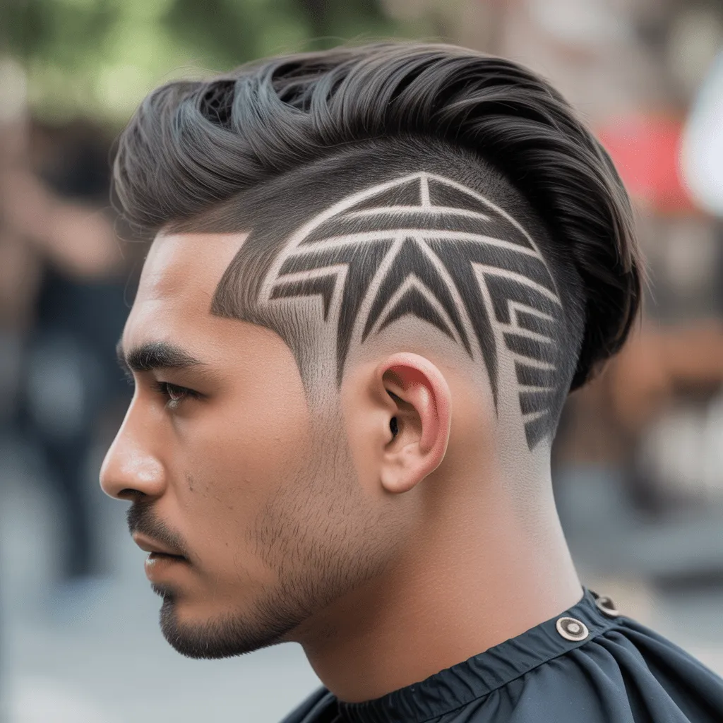 2025 Best Warrior Haircut Styles: The Ultimate Guide 15 An Aztec-inspired haircut with intricate geometric patterns shaved into the sides, combining history and style.