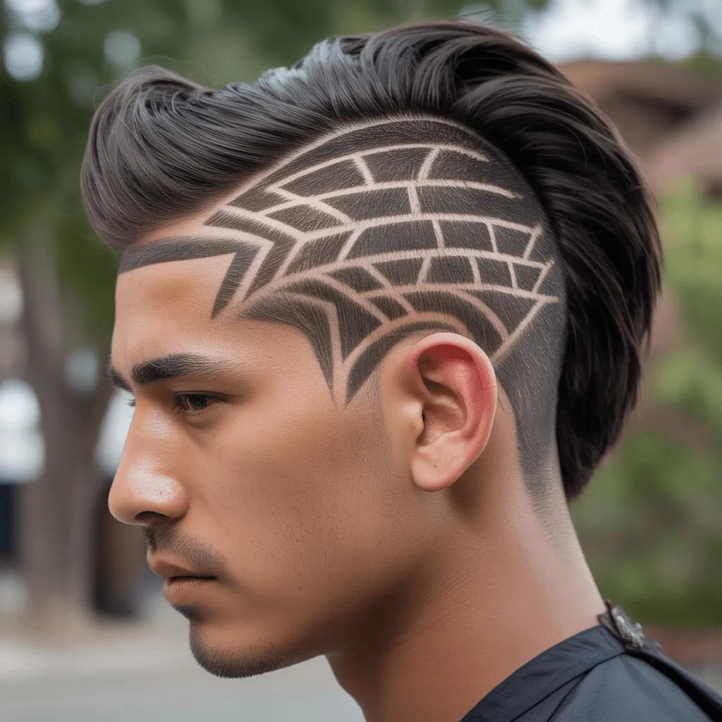 2025 Best Warrior Haircut Styles: The Ultimate Guide 14 An Aztec warrior haircut featuring geometric designs carved into the sides, merging ancient culture with contemporary trends.