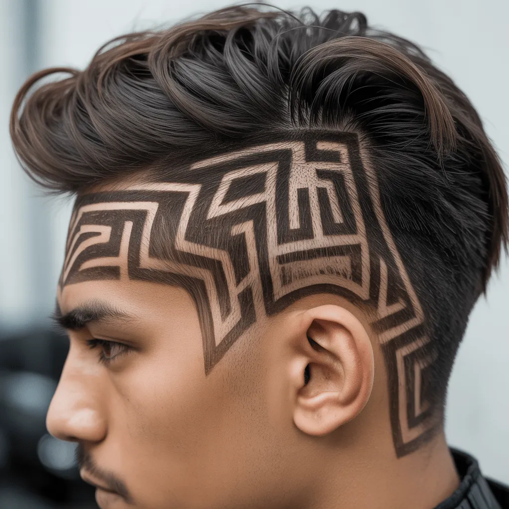 2025 Best Warrior Haircut Styles: The Ultimate Guide 13 An Aztec warrior-inspired hairstyle featuring angular geometric patterns and sharp lines on the sides of the head.