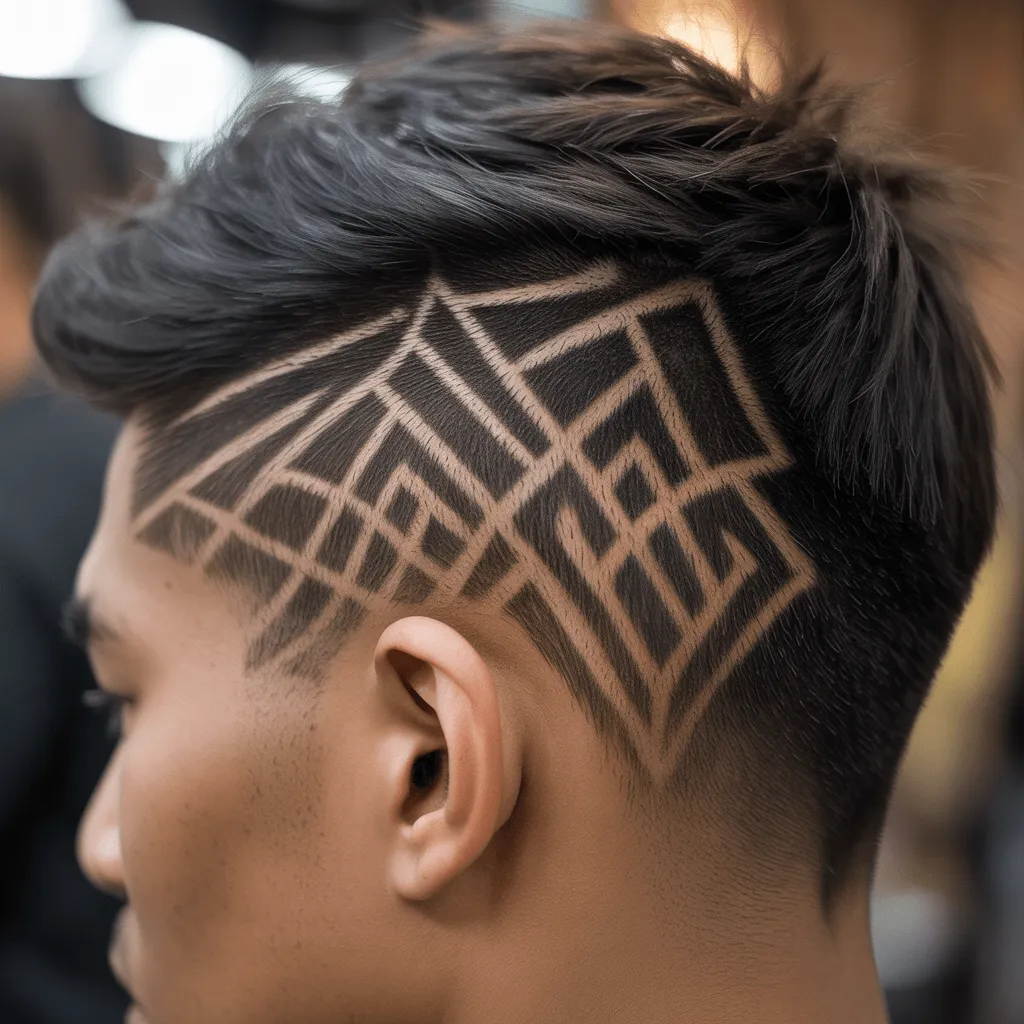 2025 Best Warrior Haircut Styles: The Ultimate Guide 12 A detailed Aztec warrior haircut with intricate geometric carvings on the sides, offering a unique blend of ancient and modern flair.