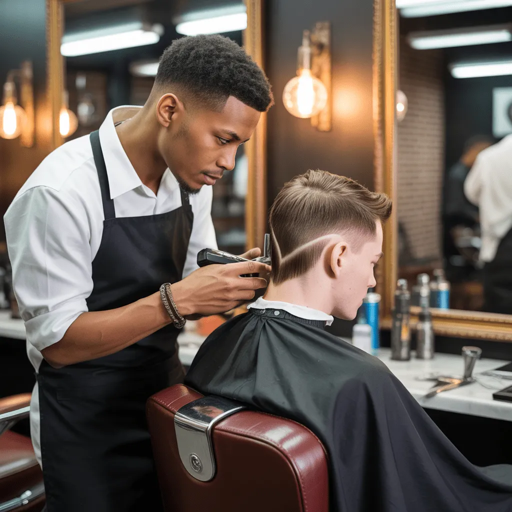 A barber skillfully working on a V-shape fade haircut, with smooth fading and a sharp finish around the neck.