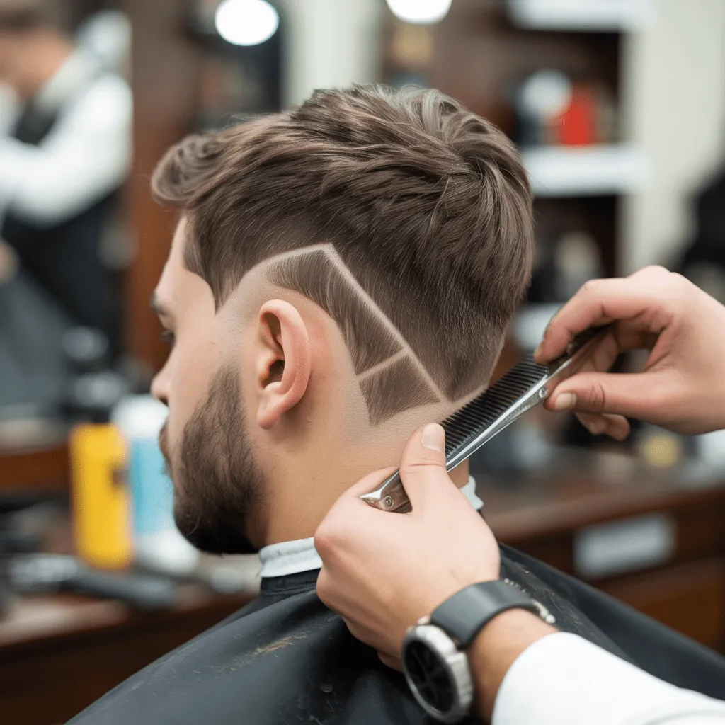 A barber carefully finishing a V-shape fade haircut, with detailed fading and sharp angles around the neck.