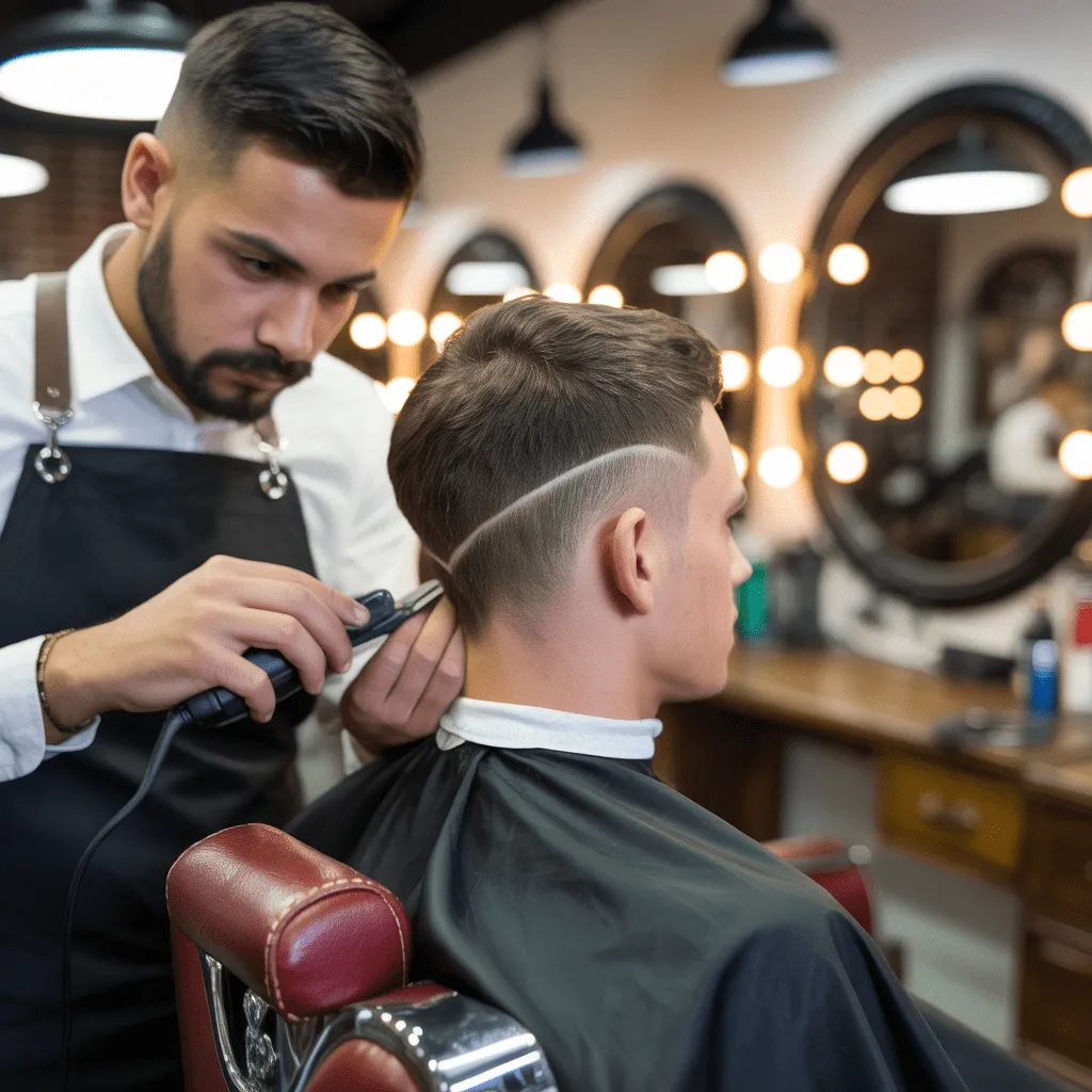 A professional barber shaping a V-shape fade, creating sharp lines and smooth transitions around the neck and jawline.