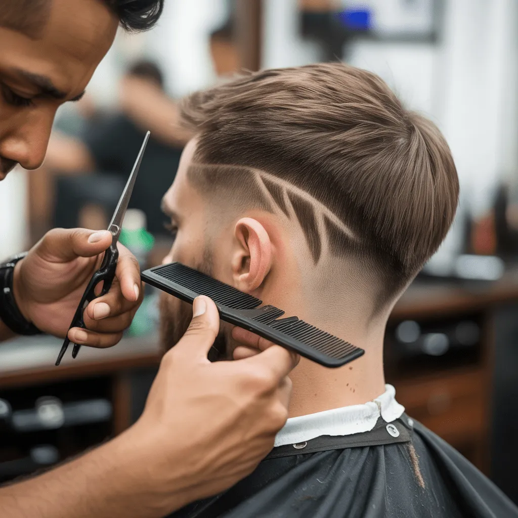 A barber sculpting a sharp V-shape fade with a smooth fade around the neck, highlighting the professional precision.