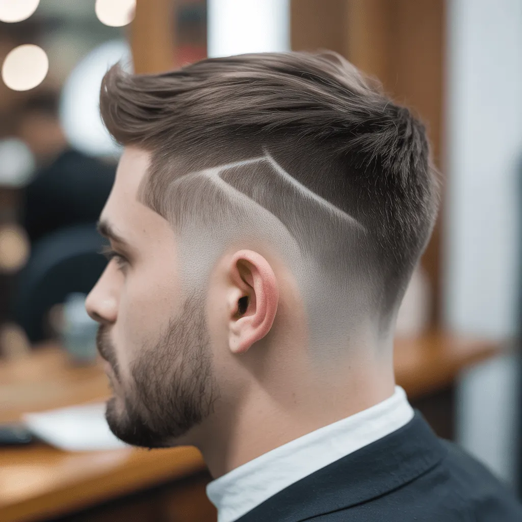 A man with a V-shape fade haircut highlighting angular features around the jaw and neck.