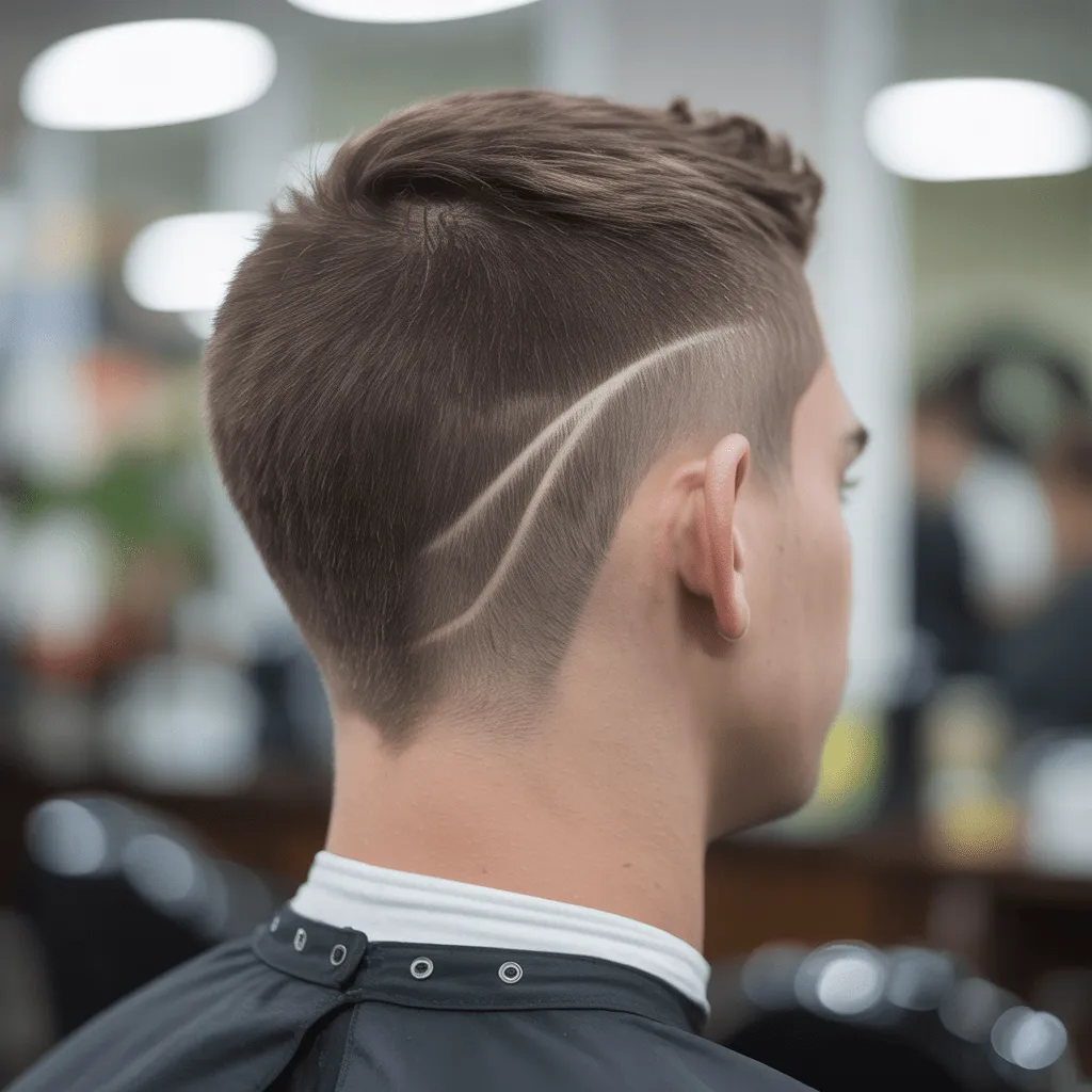 A man showcasing a V-shape fade haircut with sharp fading around the neck and jawline for a clean, modern look.