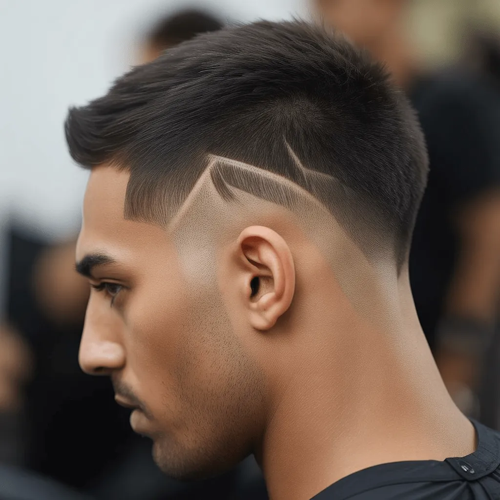 A man with a sharp V-shape fade haircut, emphasizing the jawline and neck with clean, sleek transitions.