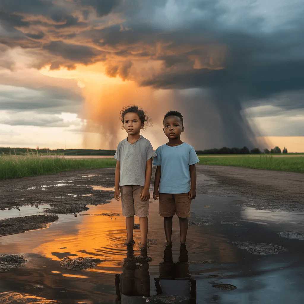 Depiction of young people looking at a future world impacted by climate change, with visible signs of environmental destruction, including wildfires and rising temperatures.