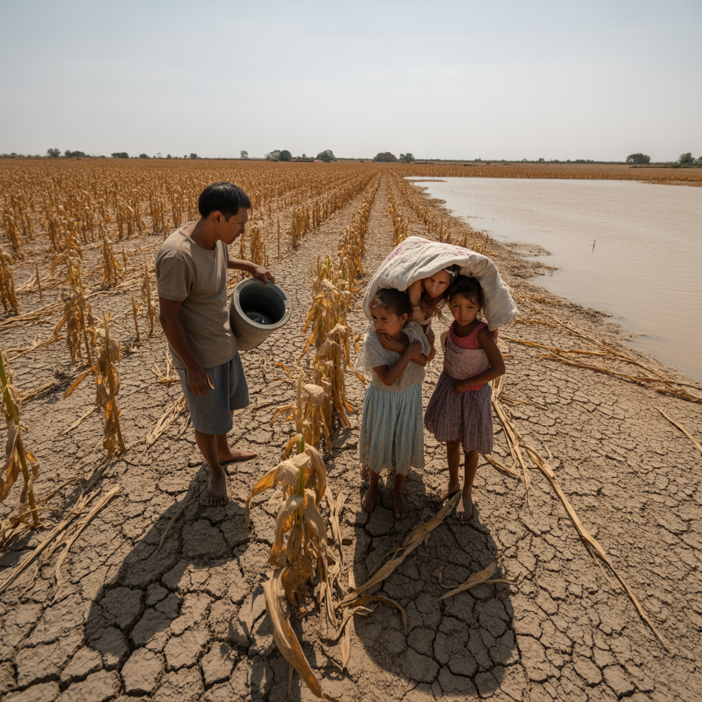 A visual showing crops failing due to drought, with cracked soil and flooded areas, illustrating the devastating impact of climate change on food and water resources.
