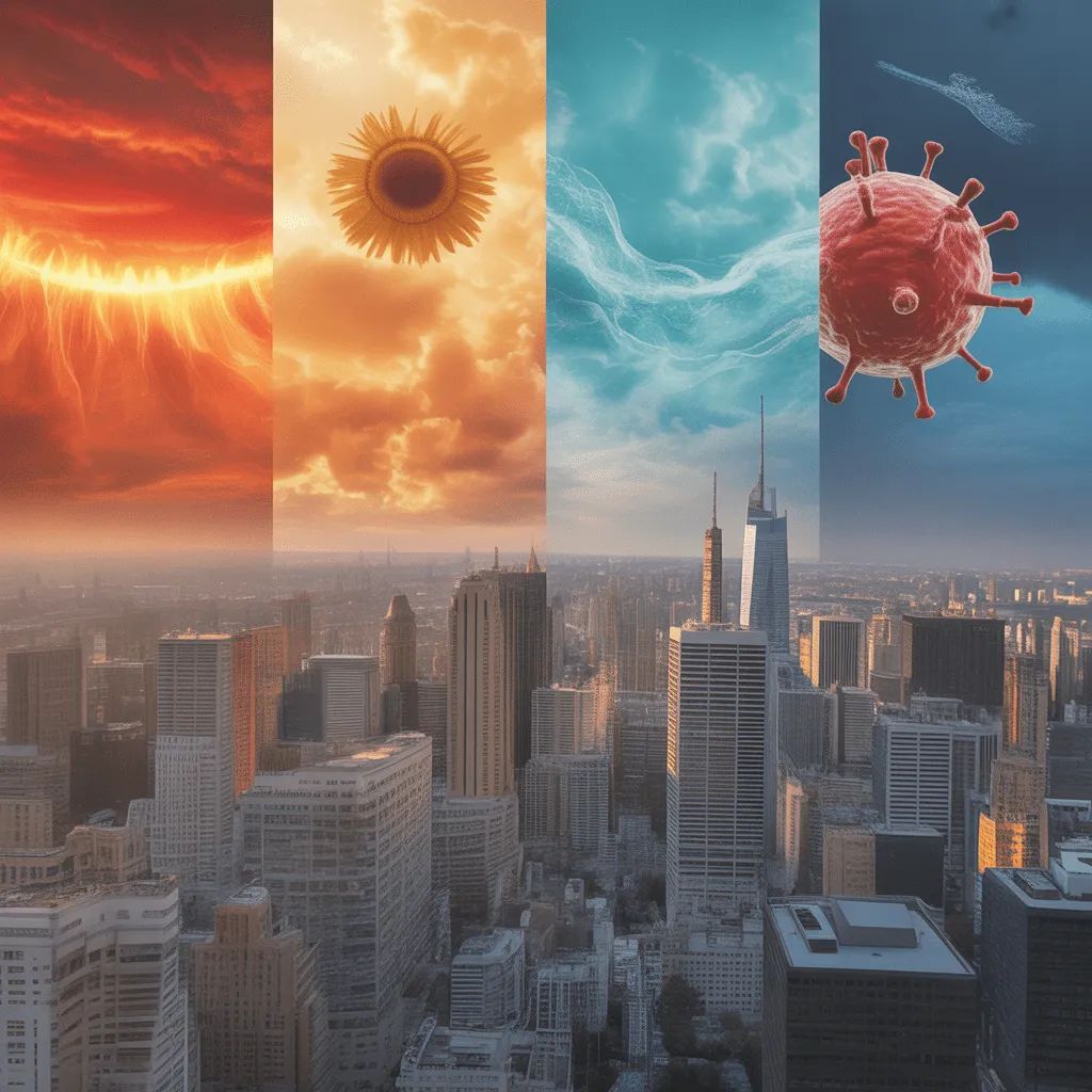A visual representation of the health impacts of climate change, showing people affected by heatwaves, air pollution, and mosquito-borne diseases.