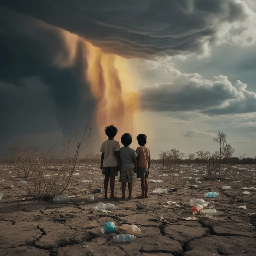 A visual of children witnessing the future effects of climate change, including a polluted environment and intense weather events like storms and droughts.