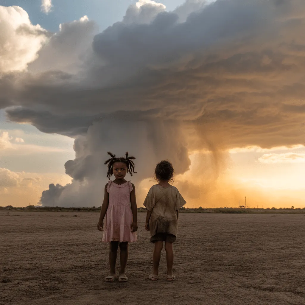 Children facing a harsh climate future with polluted skies and severe weather conditions, representing the urgent need for climate action to protect future generations.