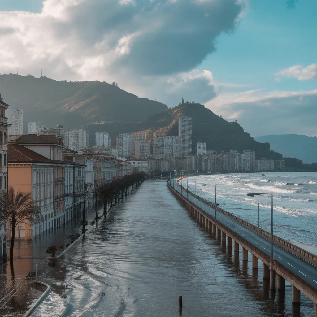 A coastal city in danger, flooded by rising sea levels, highlighting the urgent need for climate action to protect urban infrastructure.
