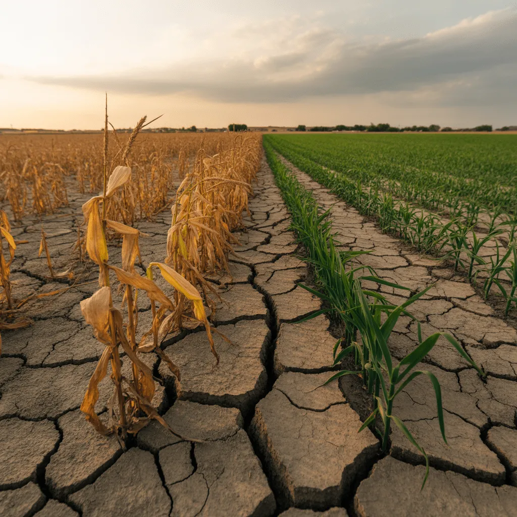 Drought-stricken farm field with cracked soil, symbolizing the food insecurity caused by climate change and the importance of sustainable farming practices