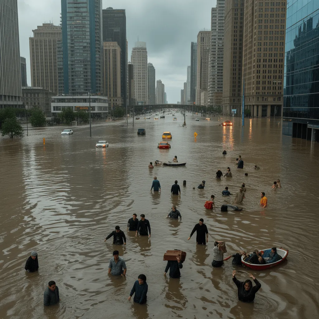 Coastal city submerged in water due to rising sea levels, illustrating the severe impact of climate change on coastal communities.