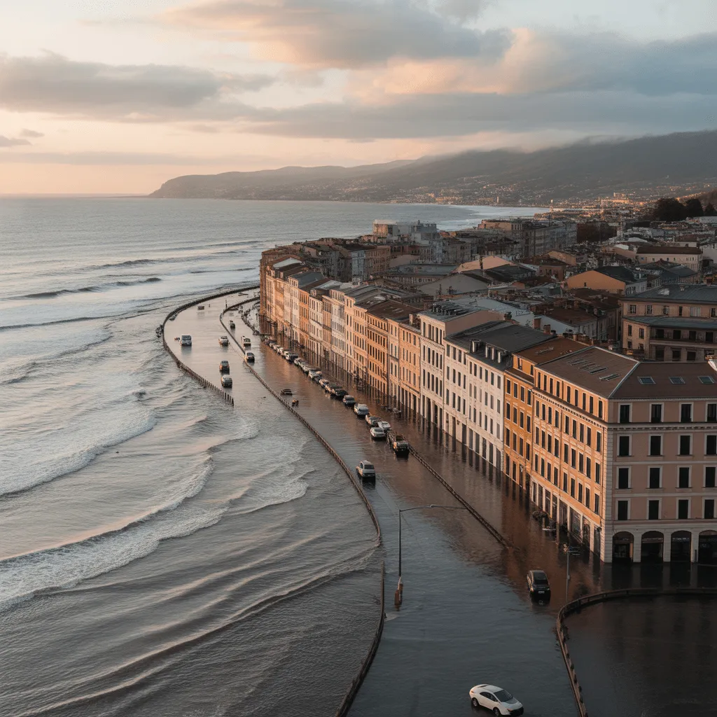 Flooded coastal city streets caused by rising sea levels, illustrating the immediate dangers of climate change on urban areas