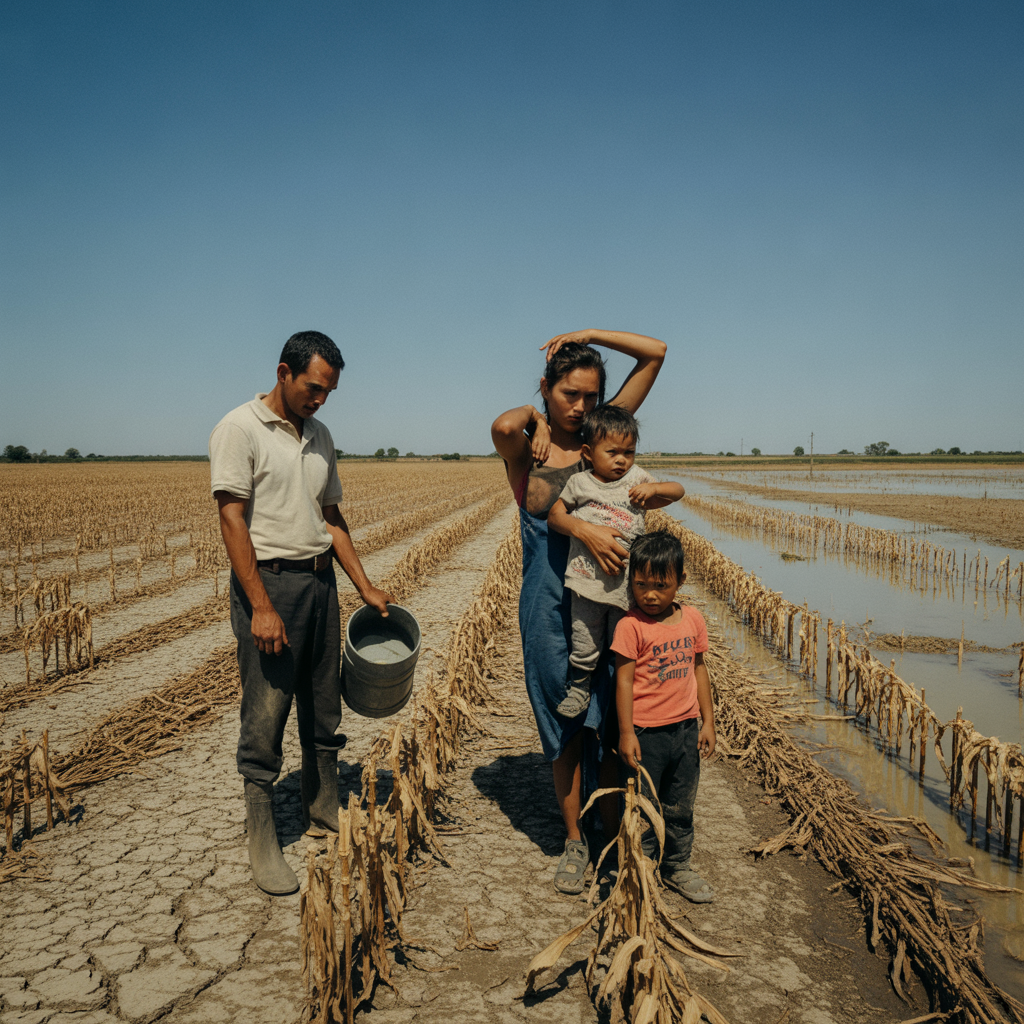 Crops wilting under extreme weather conditions like droughts and floods, representing the growing threat climate change poses to global food and water security.