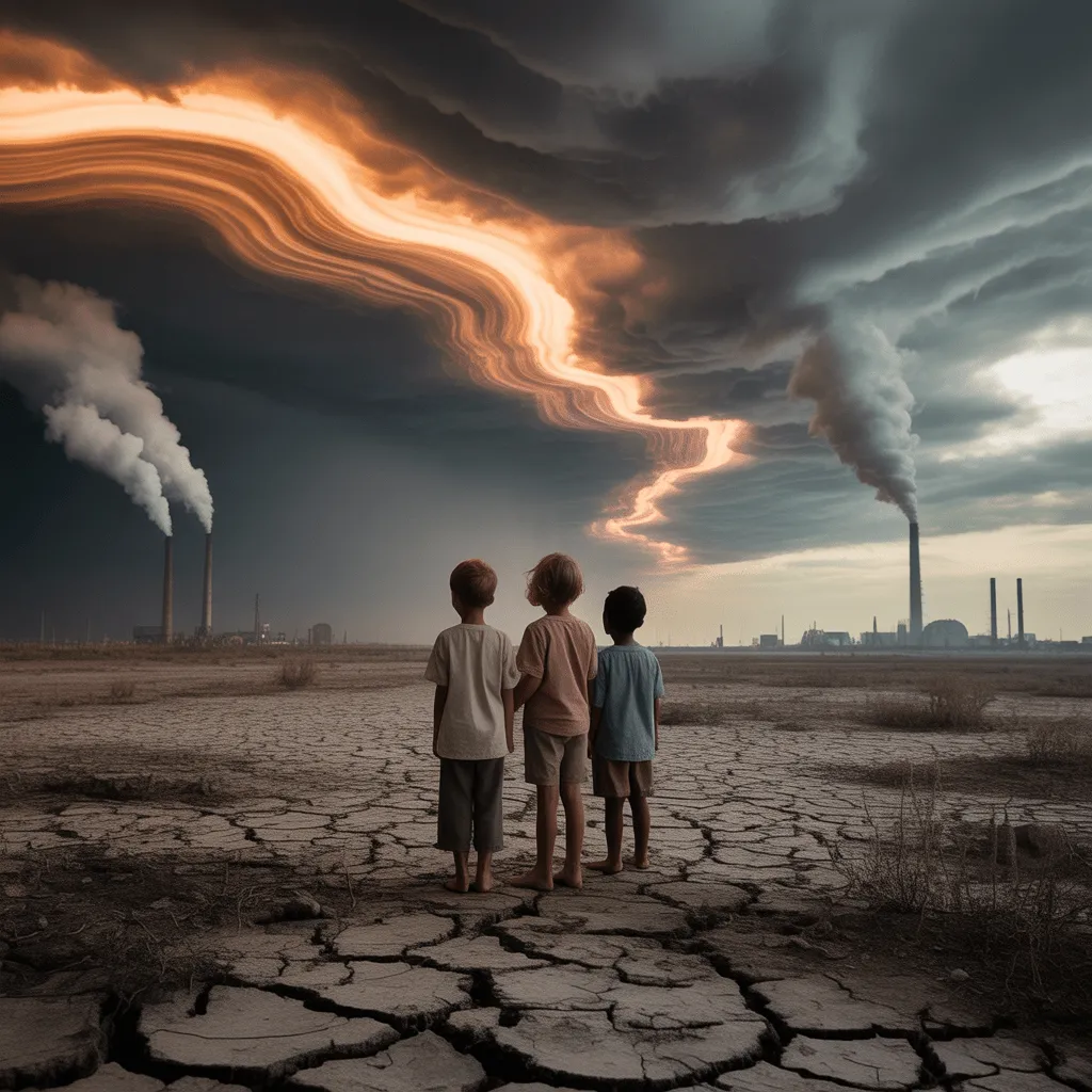 Children standing in a landscape affected by climate change, with extreme weather patterns and pollution in the background, symbolizing the future impact on their lives.
