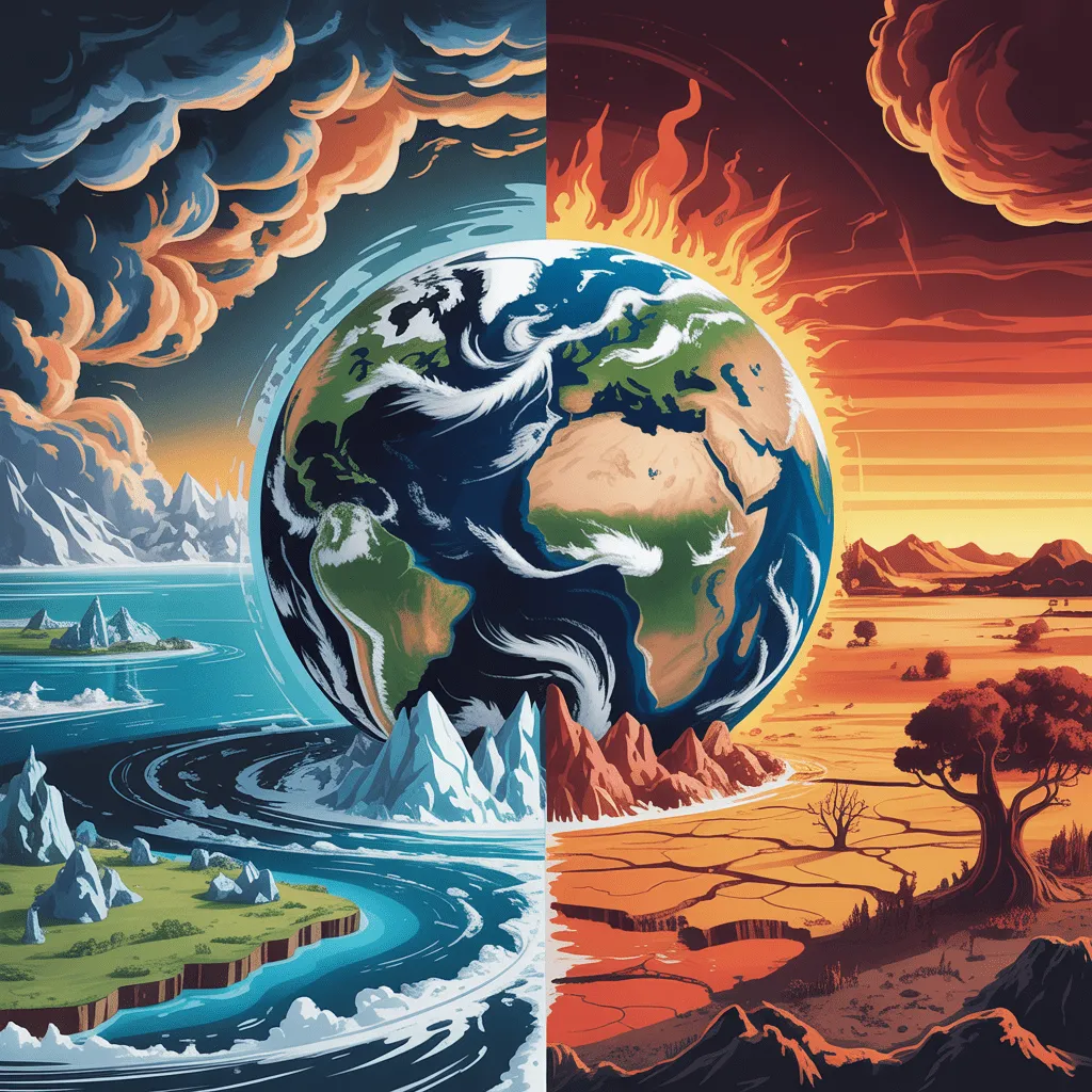 Is Climate Change Getting Better? Progress vs. Reality Explained 5 Visual representation of Earth impacted by climate change: melting glaciers, rising sea levels, extreme storms, and heatwaves around the world.